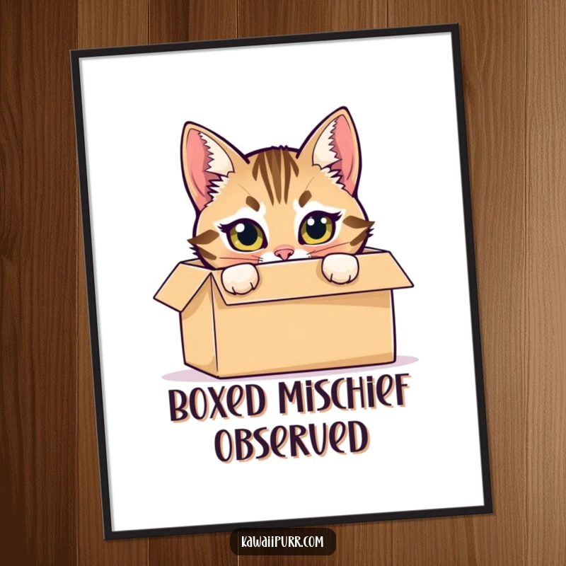 Funny digital art print of a mischievous tabby cat hiding inside a cardboard box, peeking out with bright eyes.
