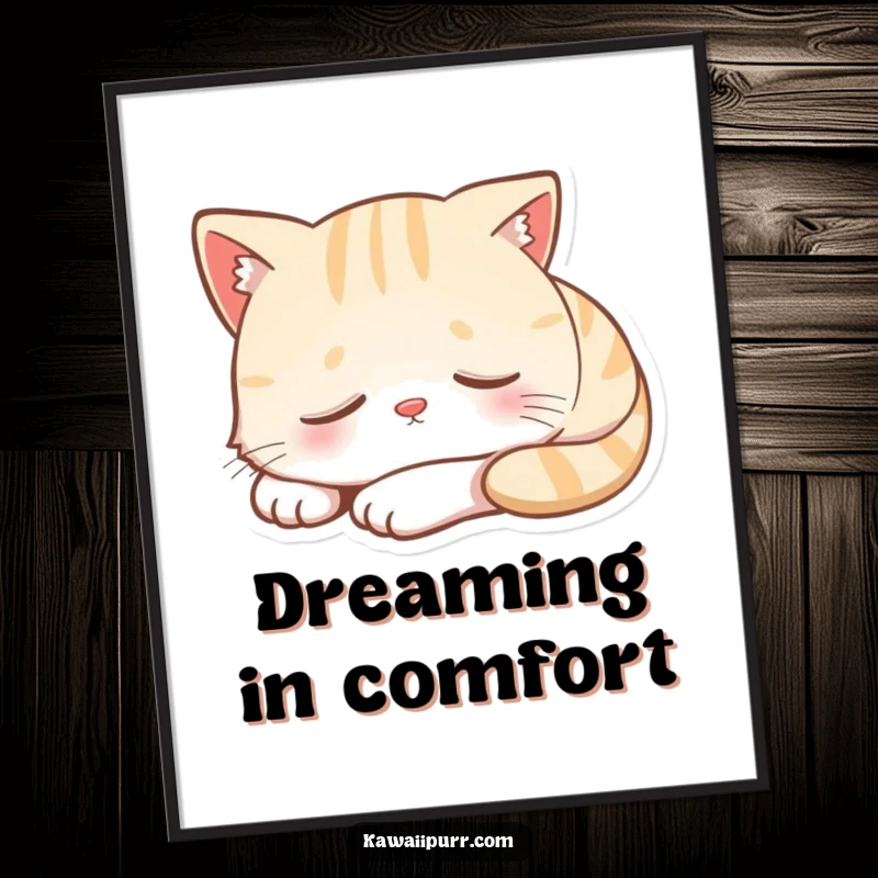 Funny digital art print of a cartoon cat character in deep sleep, with a small, blissful smile, exuding ultimate peace.