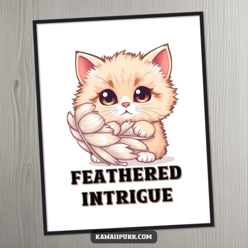 Funny Digital Art: A fluffy cat with wide, curious eyes peeking from behind a giant shimmering feather, ready to enchant.