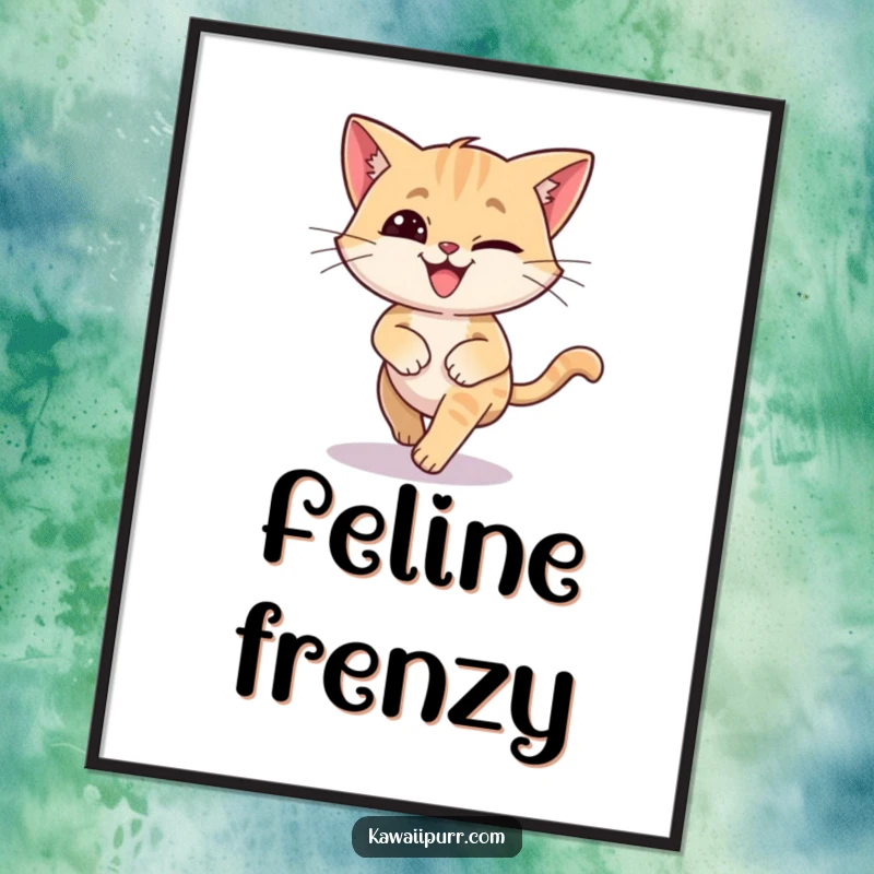 Funny digital art print of a cat with a silly grin, spinning dizzily while chasing its tail. Ideal for playful decor.