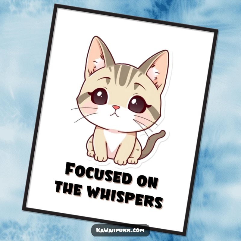 Funny digital art print of a cartoon cat character with ears sharply perked, listening intently with focused curiosity.