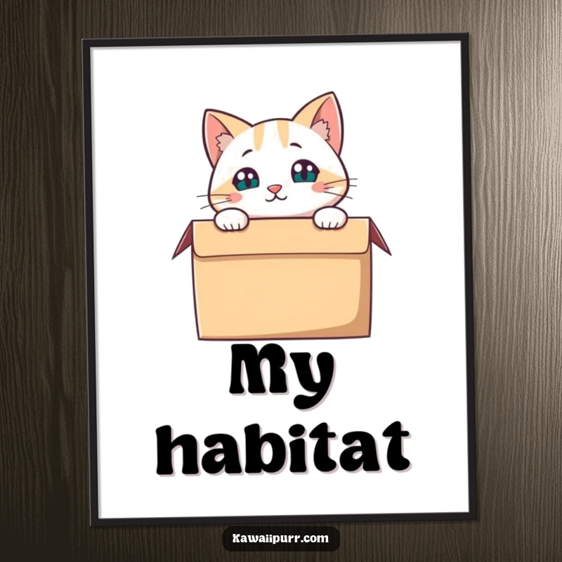 Funny Cat Digital Art Print, a cat looking curiously from a box, high-resolution art.