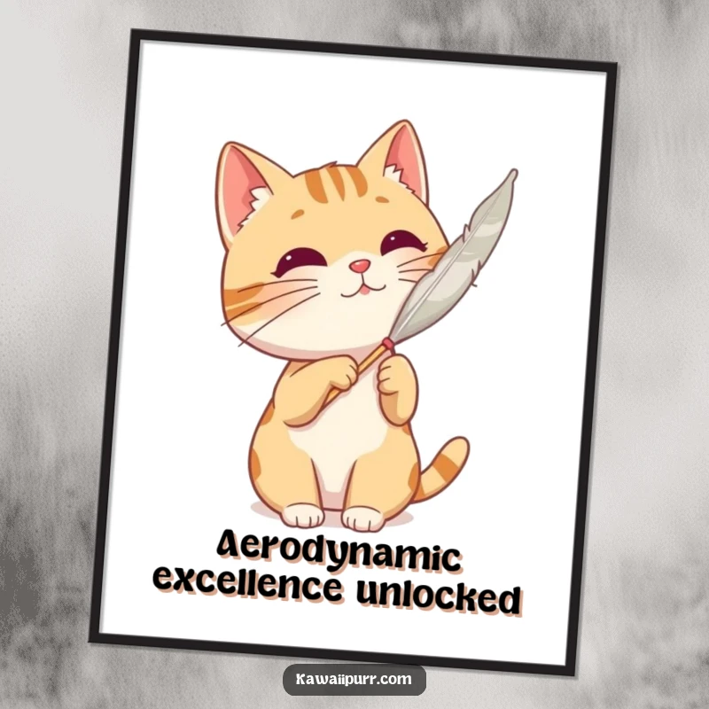 Funny cat character batting at a floating feather, radiating playful energy as a digital art print.