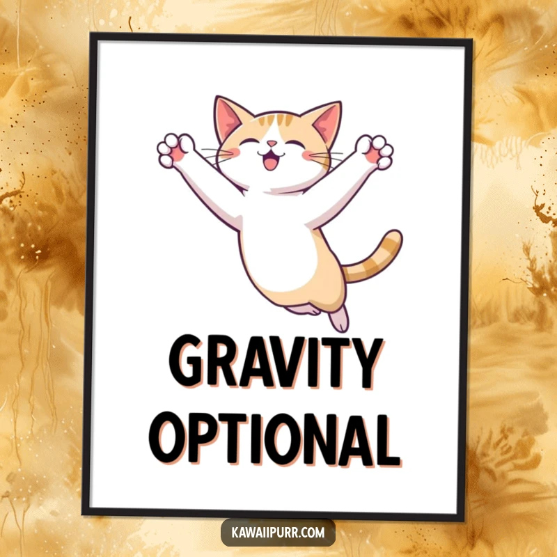 Funny Cat Leap Digital Art Print featuring a stylized cat in a dramatic mid-air leap, paws outstretched, embodying movement and fun.