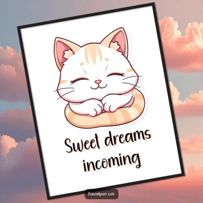 Funny Cat Digital Art Print, a cat sleeping peacefully with a content smile, high-resolution.