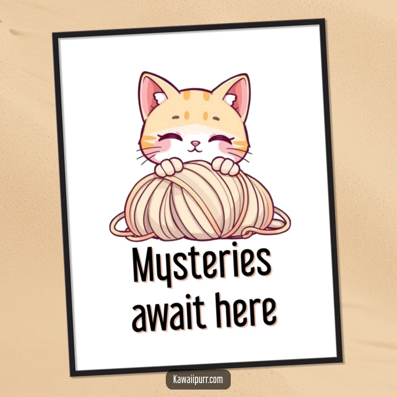 Funny digital art print of a curious cat peeking over yarn, symbolizing playful curiosity.
