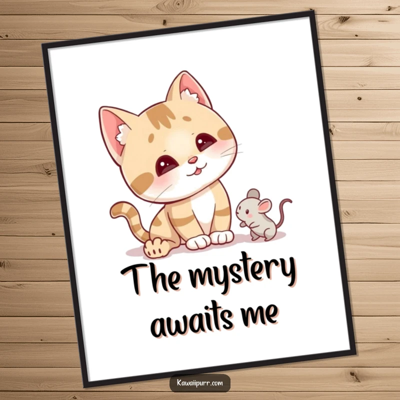 Funny curious cat digital art print showing a character tilting its head, ears perked, with a tiny mouse toy nearby.