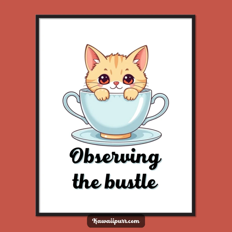 Funny Kawaii Cat Digital Art: Instant Cute Teacup Cat Download Gift
