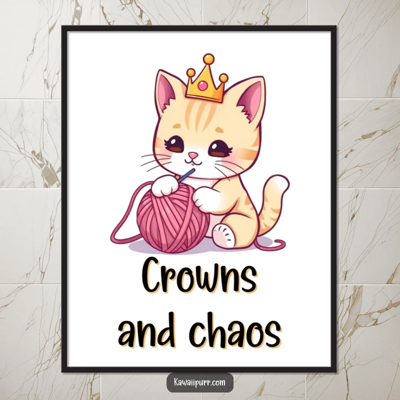 Funny digital art print of a kawaii cat adorned with a tiny crown, playfully swatting a yarn ball, bringing regal humor home.