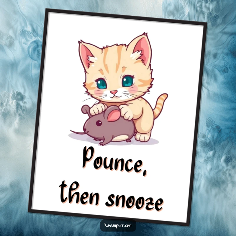 Funny kitten character dynamically pouncing on a toy mouse, a vibrant digital art print designed to bring laughter and playfulness to any decor.