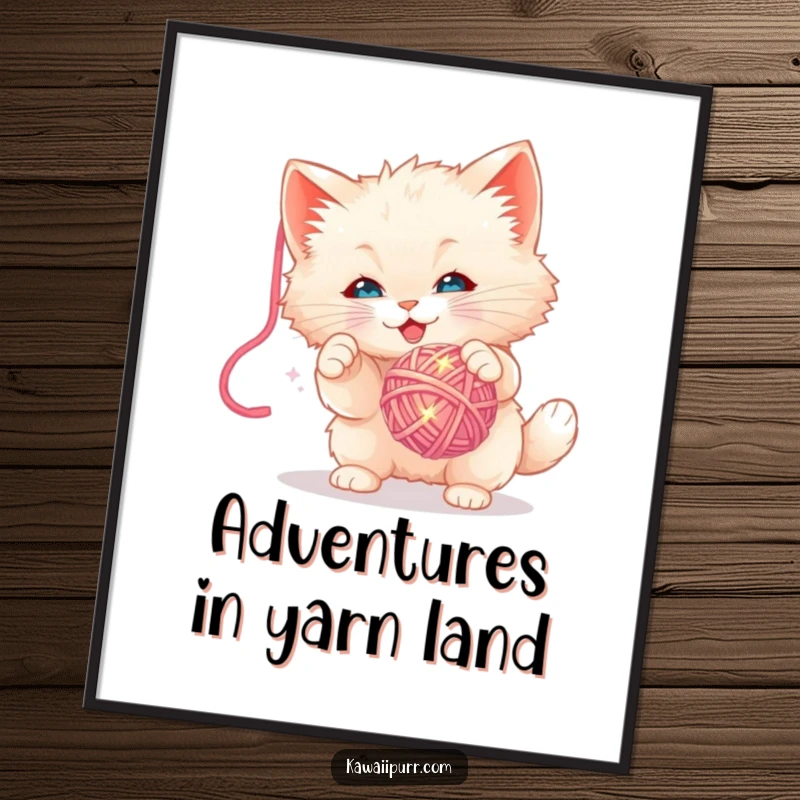 Funny Digital Art: Printable artwork of a fluffy kitten character hilariously playing with a dangling, sparkly yarn ball.