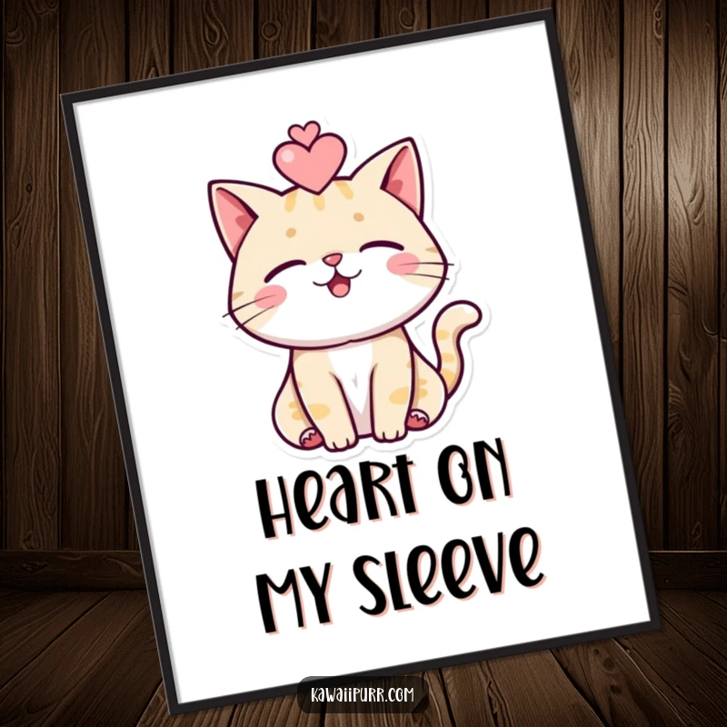 Funny digital art print of a purring cat with a heart, ideal for printable decor and cat lovers.