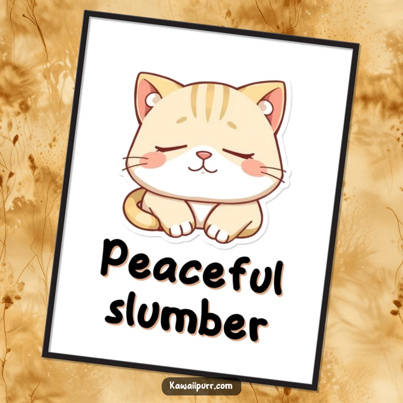 Funny digital art print of a sleepy cat character dozing peacefully with a contented smile. Ideal for calming decor.