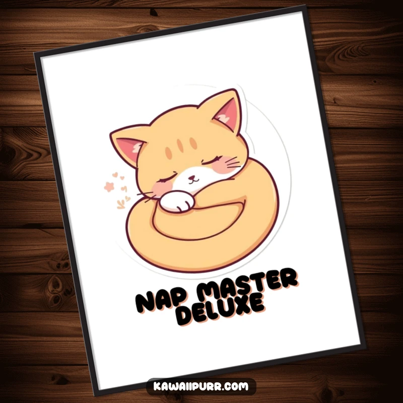 Funny sleepy cat curled into a circle with soft purr vibrations, as downloadable digital art. Hilarious gift.