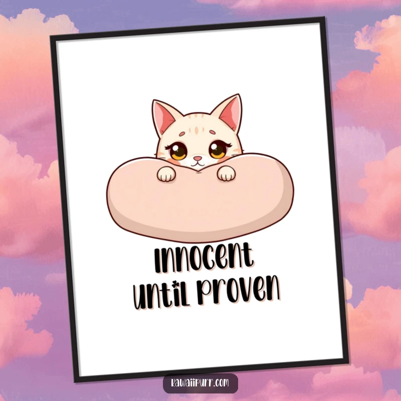 Funny cat digital art print showing an innocent cat peeking from behind a cushion, ideal for adding charming and heartwarming decor.