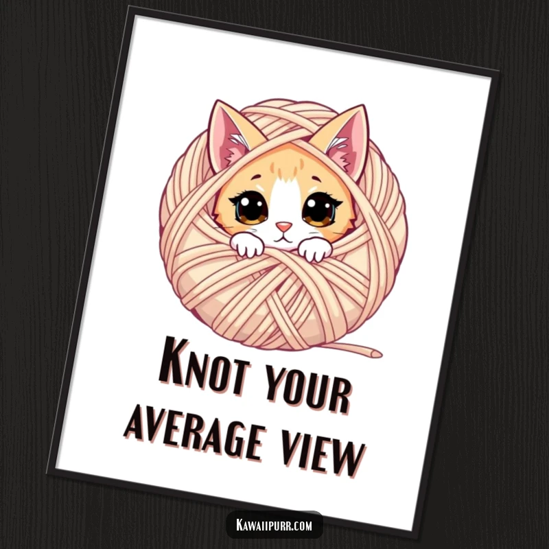 Funny digital art print of a curious cat peeking from behind yarn, ideal for printable decor.