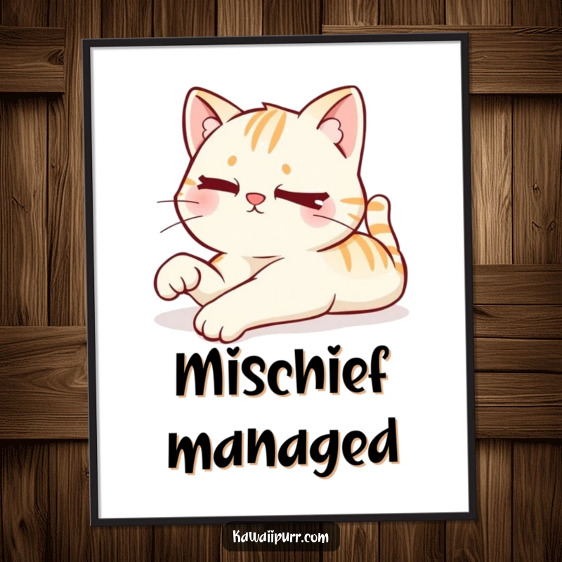 Funny digital art print of a kawaii cat stretching lazily with a mischievous wink, bringing playful humor to any room.