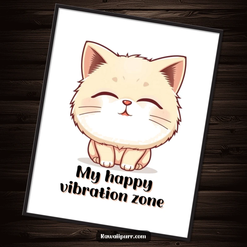 Funny fluffy cat digital art print showing a character purring with closed eyes and vibrating lines, radiating pure bliss.