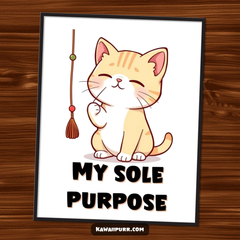 Funny kawaii cat batting a dangling string with great concentration, as digital art print.