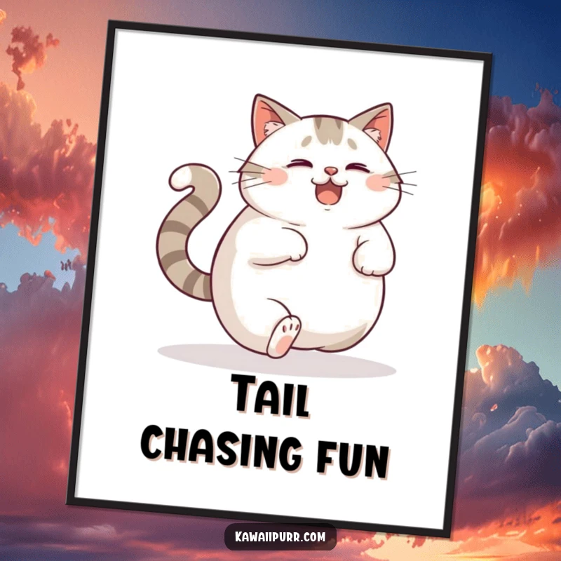Funny Digital Art: A plump cat joyfully chasing its own tail with an expression of delighted confusion, for instant decor.