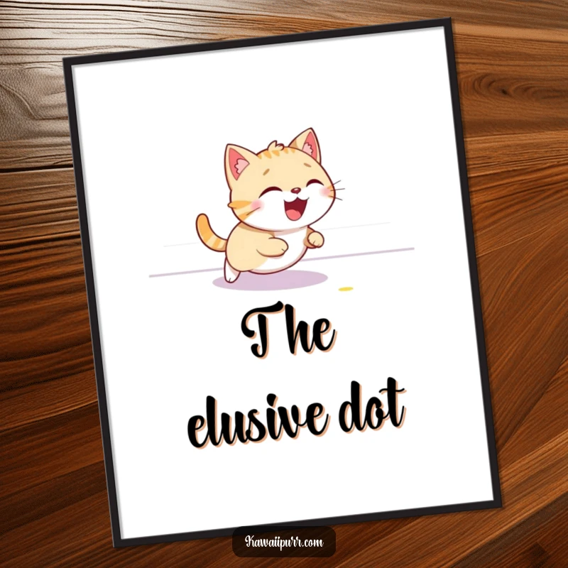 Funny cat digital art print, captured giggling while chasing a red laser dot across the floor, embodying pure fun.