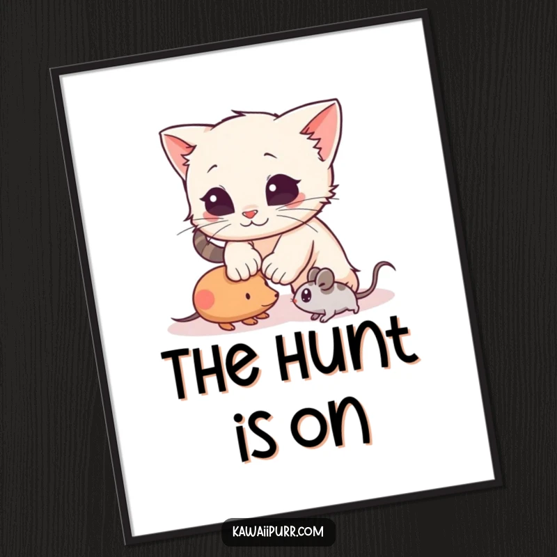 Funny Digital Art Print of a kitten character dynamically pouncing on a toy mouse, offering action-packed and humorous wall art for instant download.