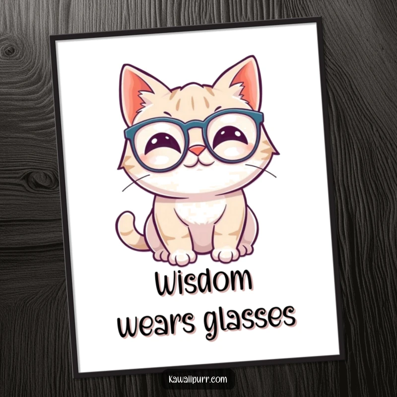 Funny kawaii cat wiggling ears, wearing oversized spectacles, as digital art print.