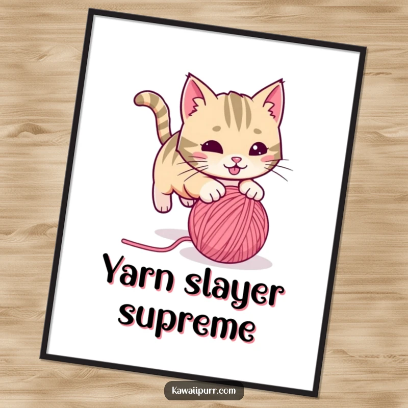 Funny playful cat with a twitching tail, pouncing on a rolling ball of yarn, as a digital art print. Energetic, humorous, and action-packed feline art.