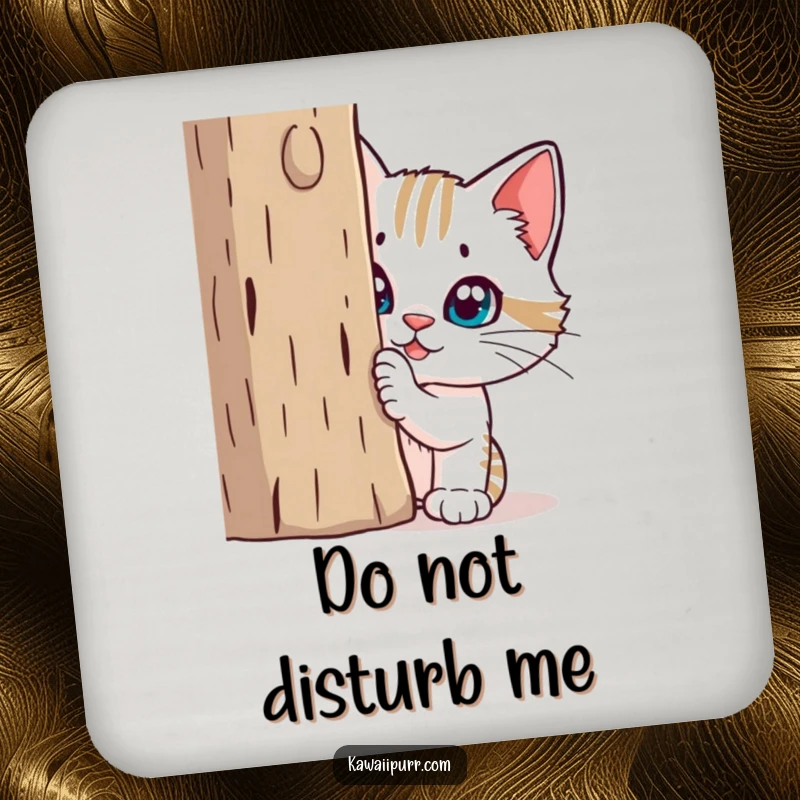 Funny Drink Coasters: Mischievous cat character hiding behind a scratching post, protecting surfaces with humor.