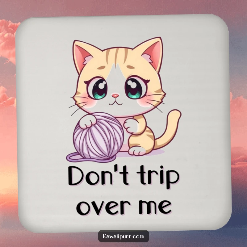 Funny drink coaster with a cartoon cat character with comically wide eyes, looking startled by a playful yarn ball.