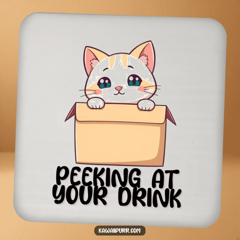 Funny Cat Coaster, a cat peering curiously from a box, protecting your furniture.