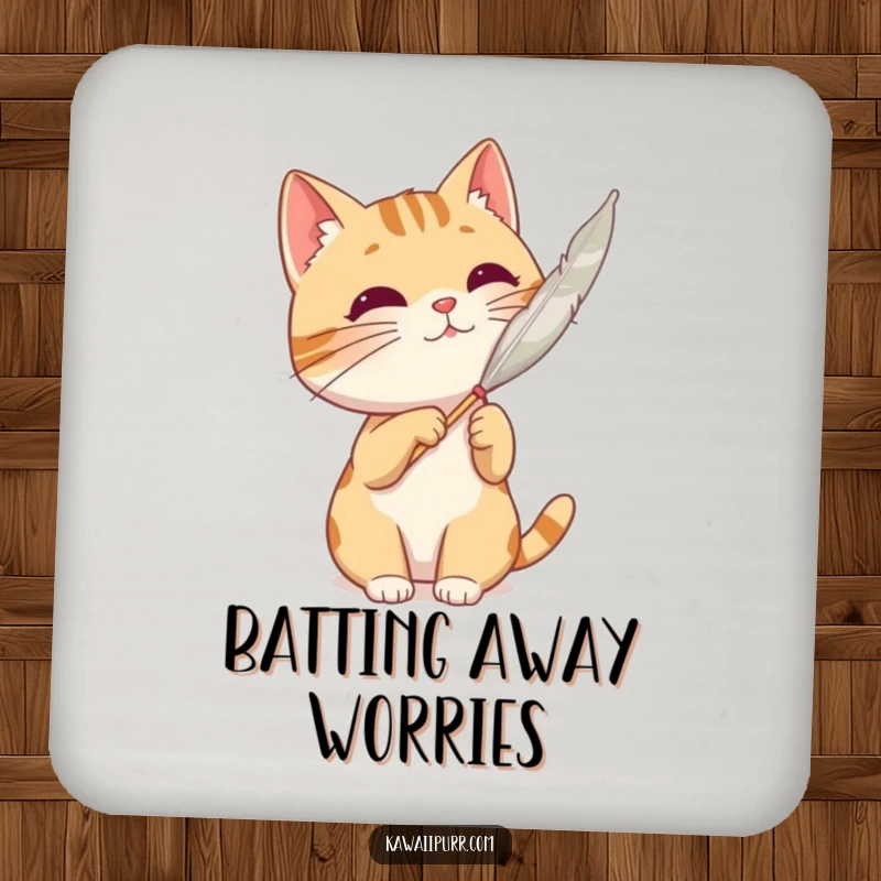 Funny cat character batting at a floating feather, depicting playful action on a drink coaster.