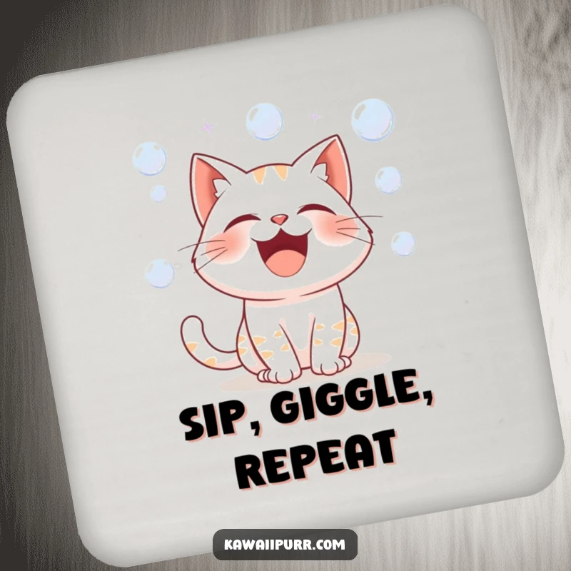 Funny drink coaster with a cartoon cat character erupting in laughter, with playful bubbles drifting around its ecstatic expression.