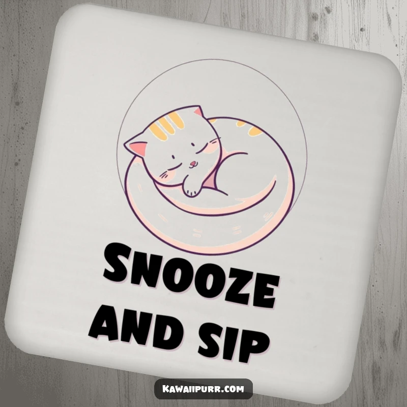 Funny cat nap coaster with a peacefully sleeping cat curled in a circle, offering stylish and humorous protection for drink surfaces.