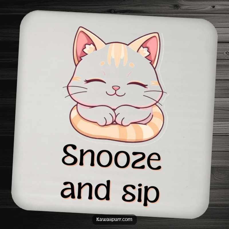 Funny Cat Coaster, a cat sleeping peacefully with a smile, protecting surfaces.