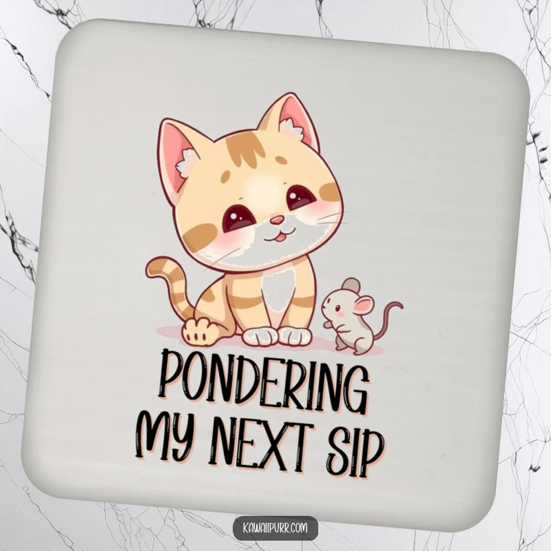 Funny curious cat coaster with a character tilting its head, ears perked, showing playful curiosity near a toy.