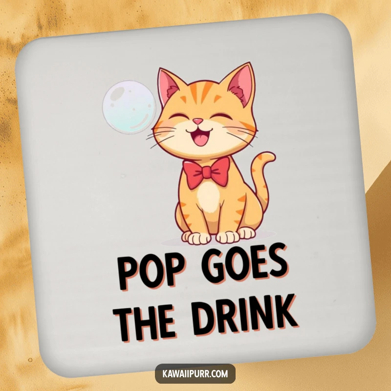 Funny drink coaster featuring a ginger cat in a bowtie joyfully batting at a floating bubble.