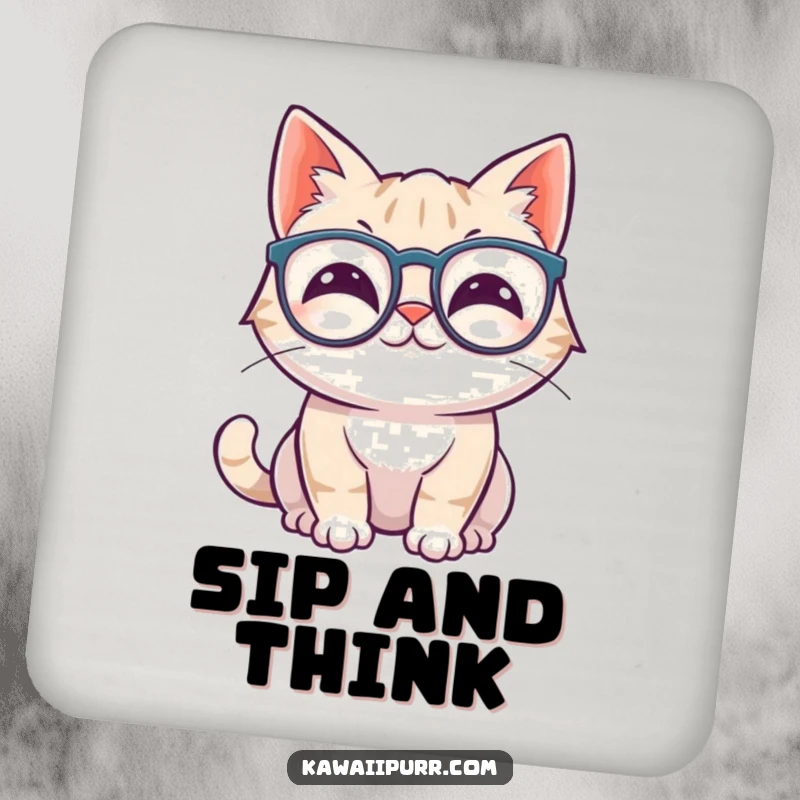 Funny kawaii cat wiggling ears, wearing oversized spectacles, featured on drink coasters.