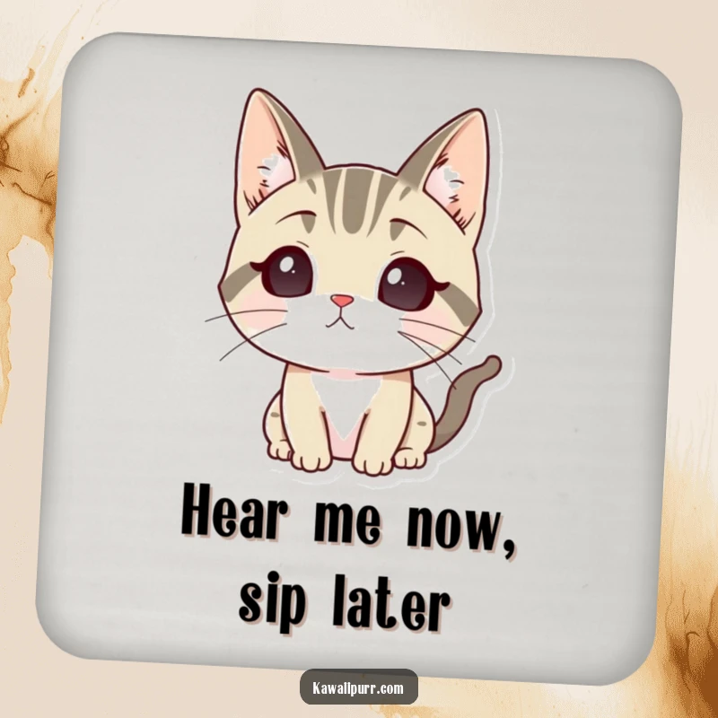 Funny drink coaster with a cartoon cat character with ears perked high, listening intently with focused expression.