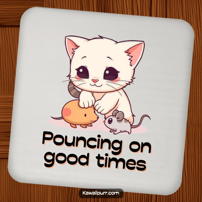 Funny Drink Coaster featuring a kitten character mid-pounce on a toy mouse, protecting surfaces with playful and humorous feline action.