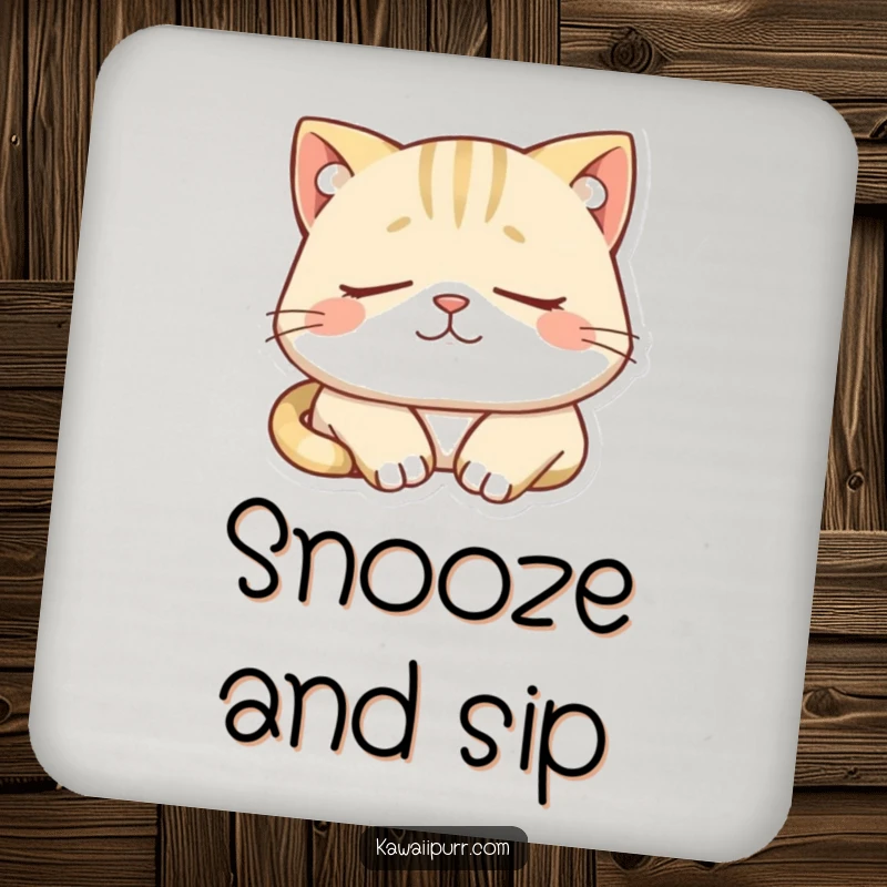 Funny drink coaster with a sleepy cat character dozing peacefully, smiling contentedly. Adds calm to tabletops.