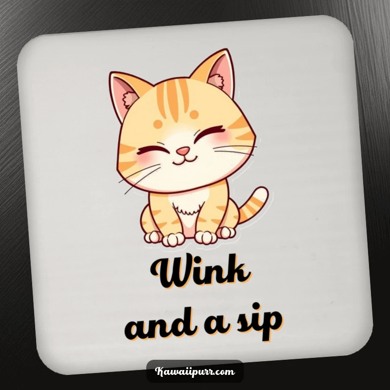 Funny Drink Coaster featuring a cat character winking with a mischievous grin, protecting surfaces with playful and humorous feline charm.