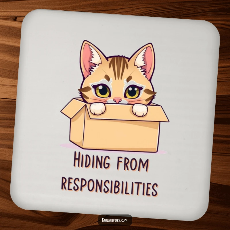 Funny drink coaster featuring a mischievous tabby cat hiding inside a cardboard box, peeking out with bright eyes.