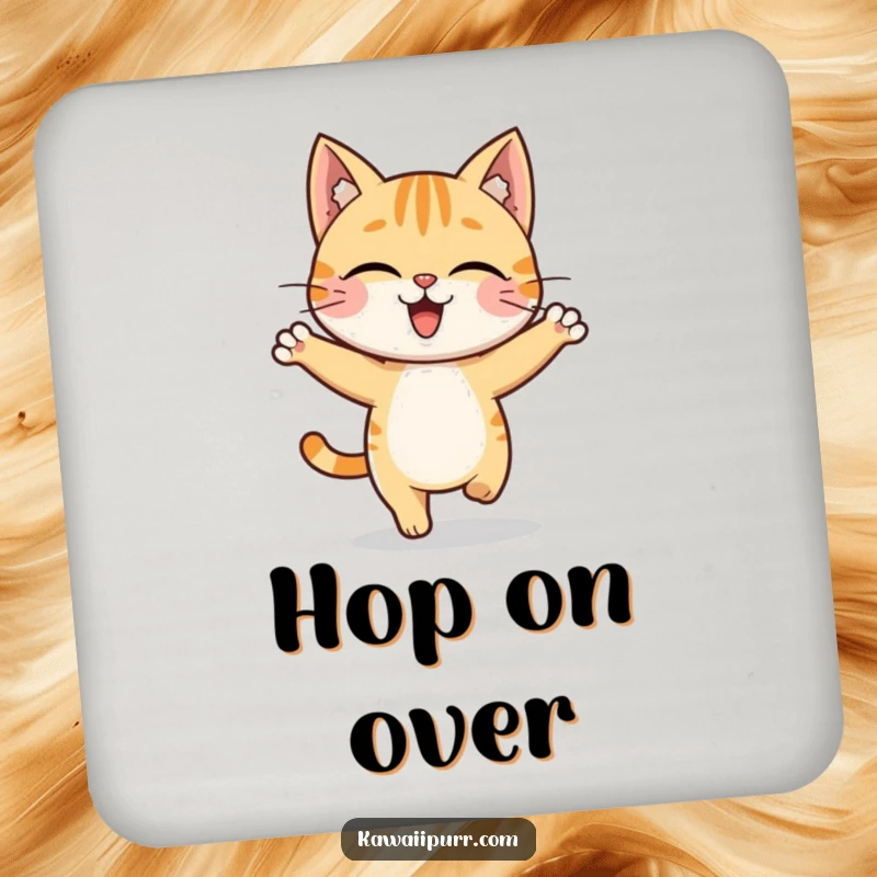 Funny cat character in a dynamic hop, full of life and happiness on a drink coaster.