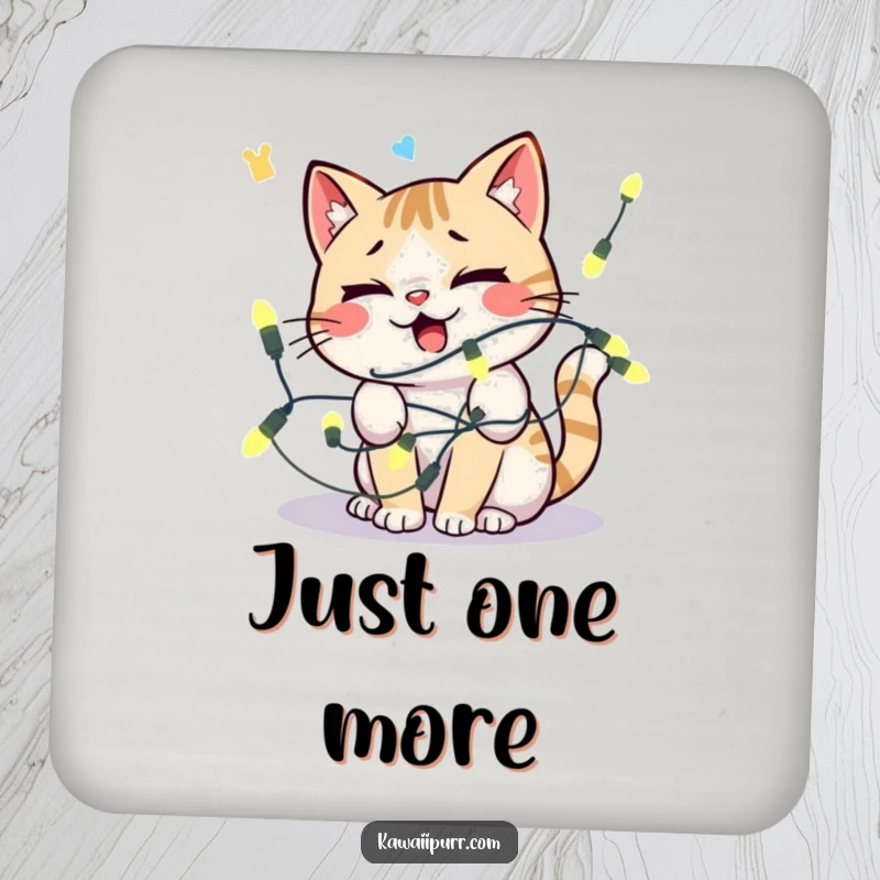Funny kawaii cat tangled in lights, looking comically distressed, featured on drink coasters.
