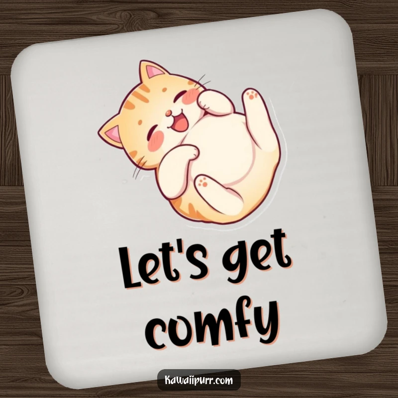 Funny Happy Cat Belly Coaster showcasing a playful cat character rolling on its back, protecting surfaces with humor.