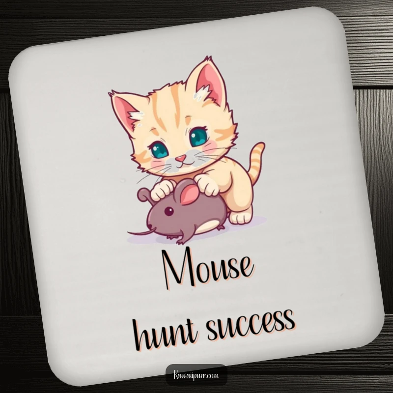 Funny kitten character captured mid-pounce on a toy mouse, a charming design on a drink coaster for a touch of playful decor.
