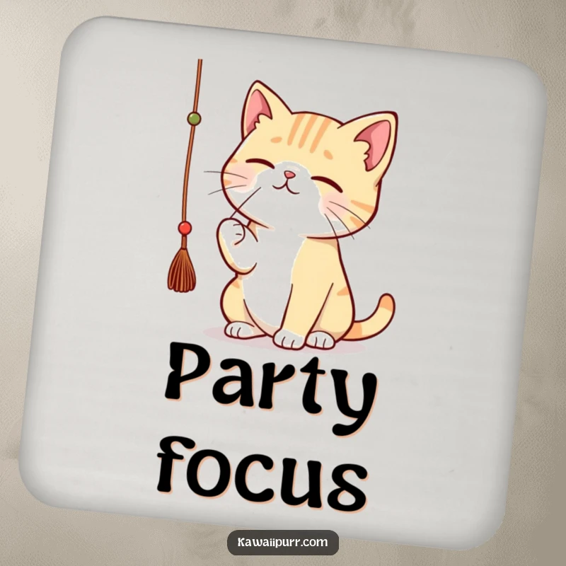 Funny kawaii cat batting a dangling string with great concentration, featured on drink coasters.