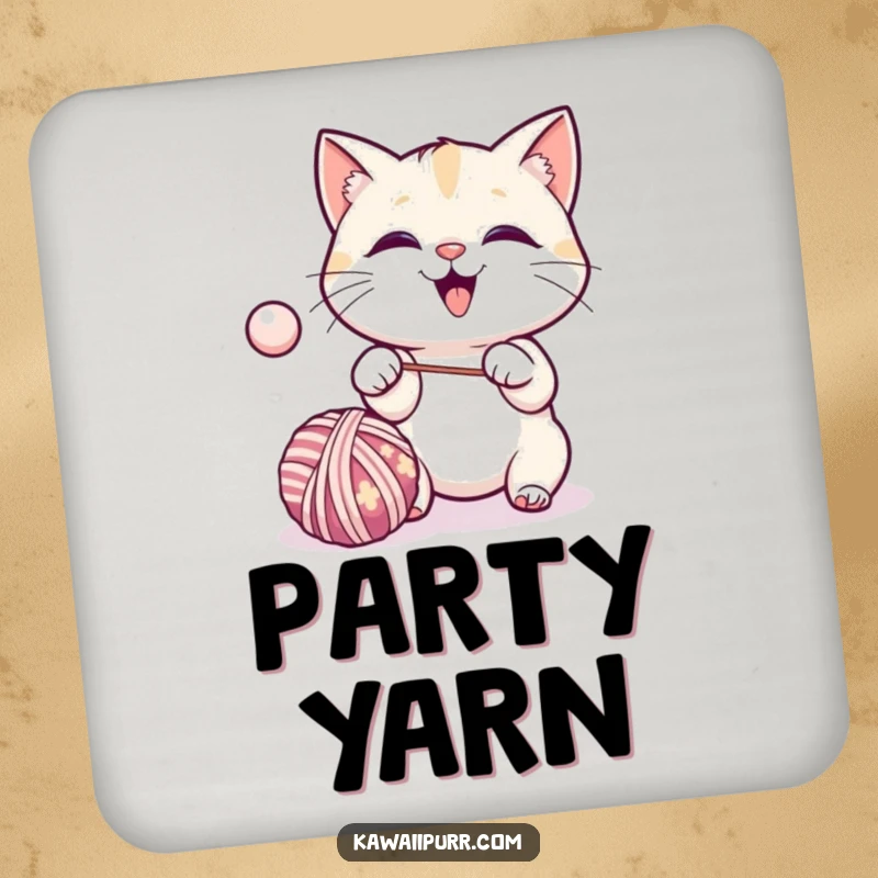 Funny kawaii cat excitedly batting a bouncing ball of yarn, featured on drink coasters.