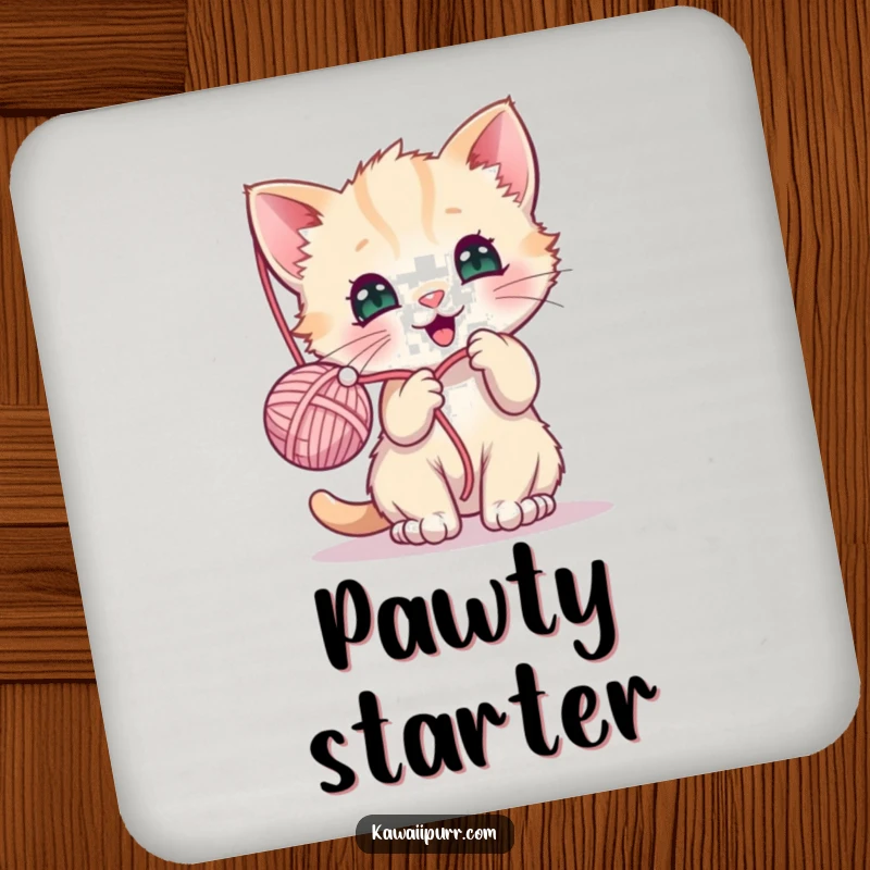 Funny drink coasters featuring a kawaii kitten batting a yarn ball, perfect for protecting surfaces with adorable humor.